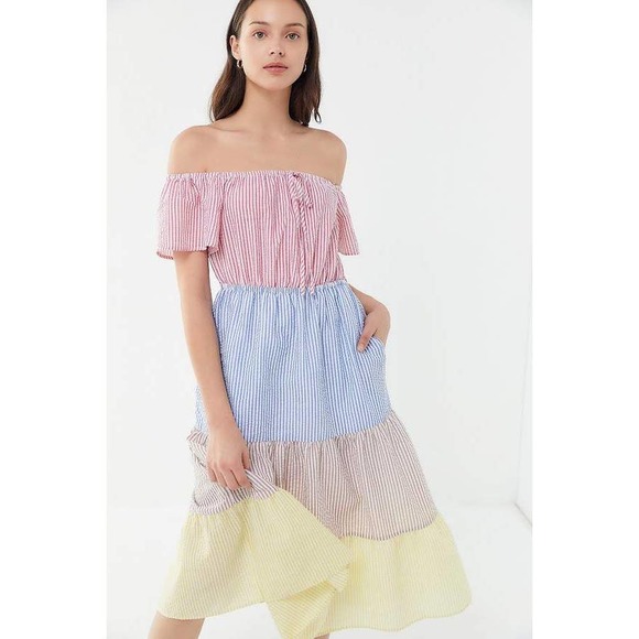 Urban Outfitters Midi Dress XS Colorblock Seersucker Striped Off Shoulder - Picture 4 of 13